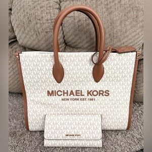 Michael Kors vanilla medium signature mirella tote & wallet